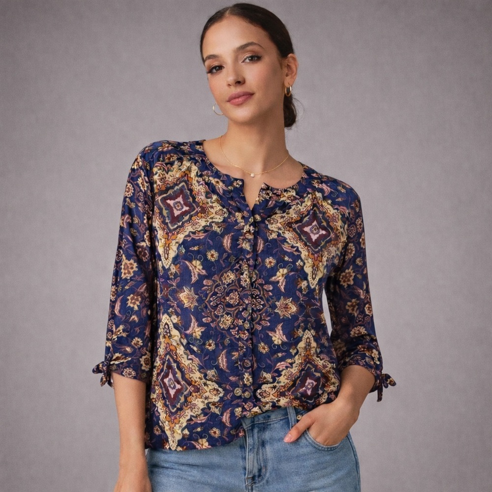 Kachel X Anthropologie Blouse 2 Blue Gold Button-Front Tie-Sleeve Shirt‎